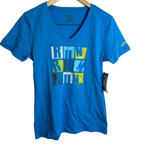 NEW Asics Womens‎ T-Shirt Tee Size Small Blue Teal Run Run Run Athletic - Picture 2 of 8